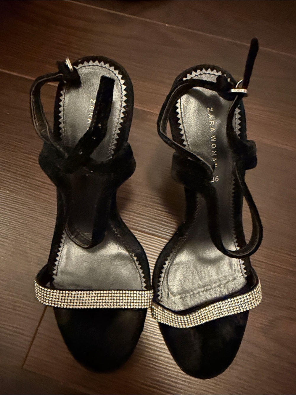 Zara Black Rhinestone-Embellished Ankle-Strap Heels